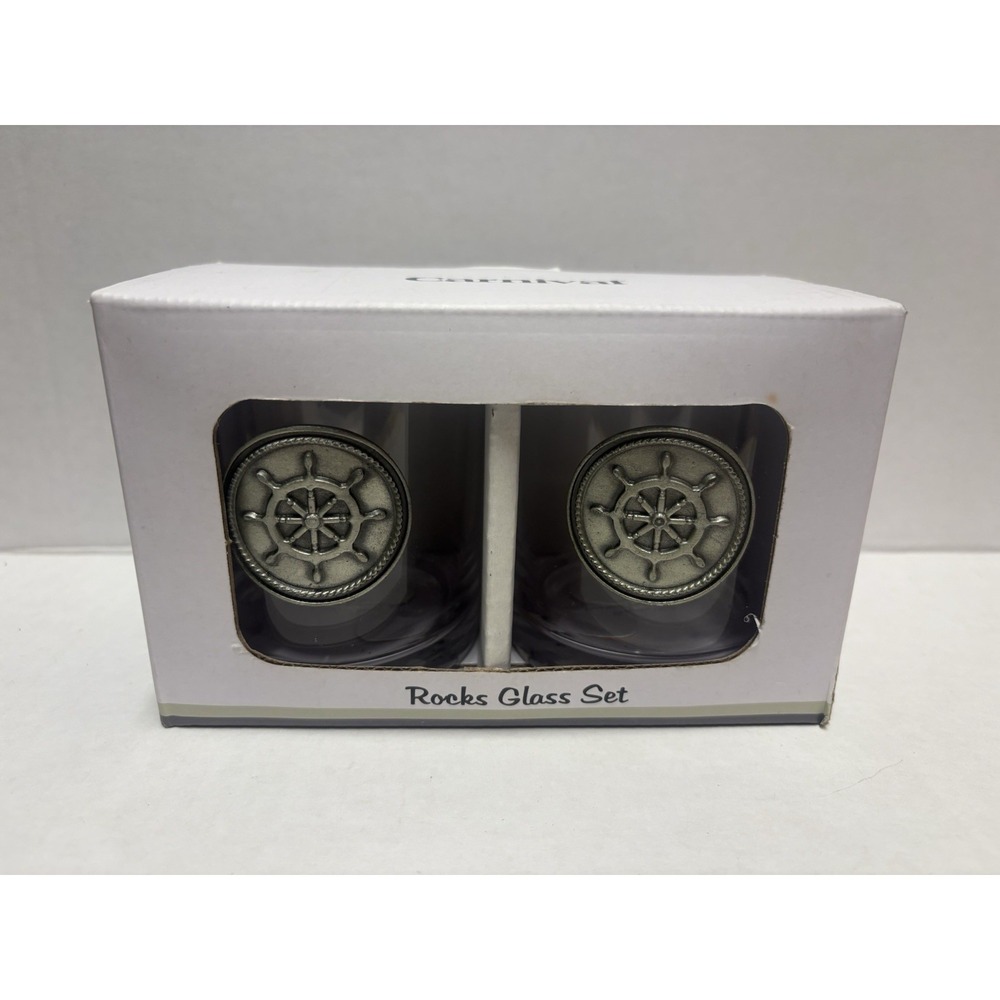 Carnival Cruise Line Rocks  Glass Nautical Wheel‎ Logo pewter Set of 2